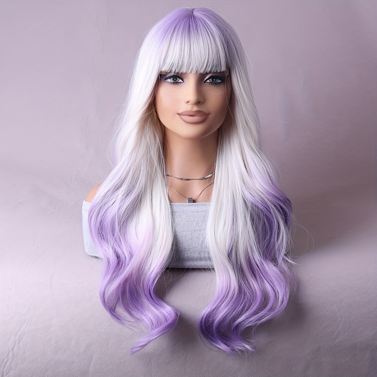 

Wig White And Purple Multi-color Gradient Fashion Wig Female Fringe Whole Head Set Suitable For Festival Wear