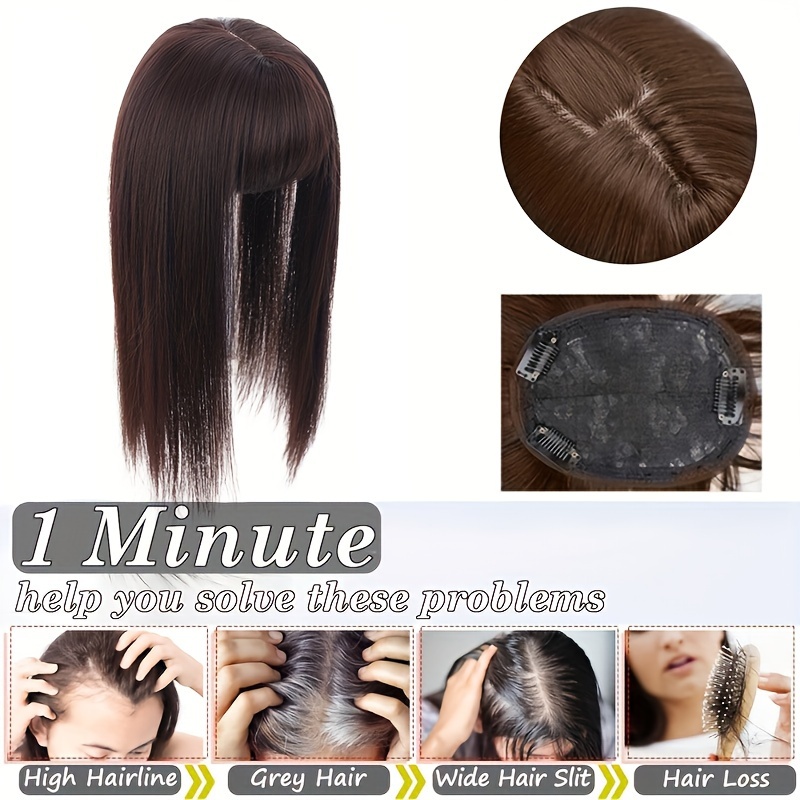 14inch hair toppers for women with thinning hair synthetic clip in hair pieces large base wiglets with bangs hair extension hairpieces synthetic straight hair pieces with bangs details 4