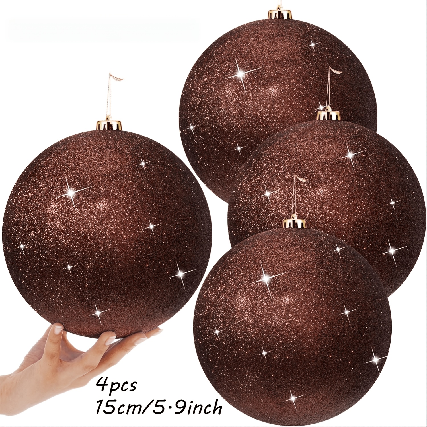 TEMU 4pcs, Large 6-inch/ 15cm Coffee Glitter Christmas Ball Decorations - Plastic Spherical Decorations With Hanging Caps/ Rings, Suitable For Indoor