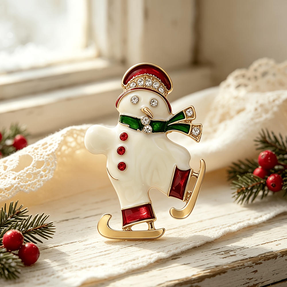 TEMU Skating Snowman Enamel Brooch, Snowman Design, Vibrant And Transparent Colors, With Rhinestones, And Cute . Unisex Holiday Accessory, Niche