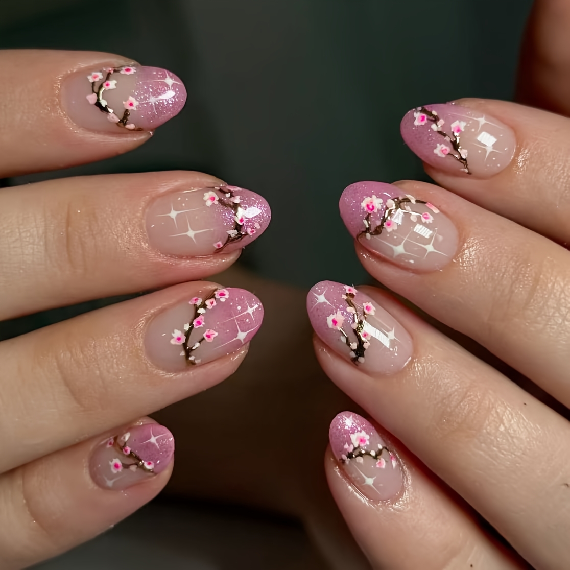 24pcs Short Oval Press-on Nails - Glossy Pink French Tips With Cherry & , Elegant Floral Nail Art For