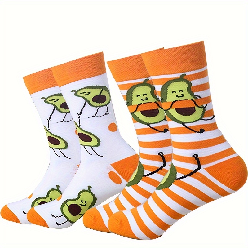 

2pcs Avocado Striped Mid-calf Socks - Comfy & Breathable Polyester , Couples, Fun Food-themed Design