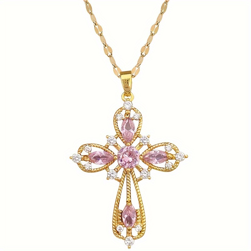 Image of Stainless Steel Luxury Pink Zirconia Hollow Cross Pendant Necklace Suitable For Women To Holiday Jewelry Gifts