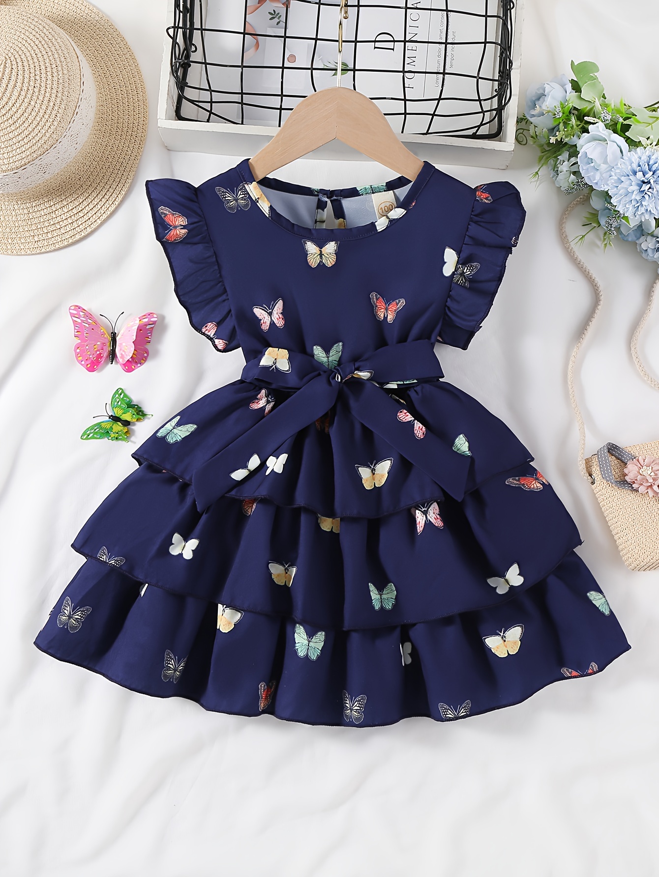 Waddling Girl Elegant Butterfly Pattern Print Tiered Skirt with Three-Layer Hem Suitable for Summer