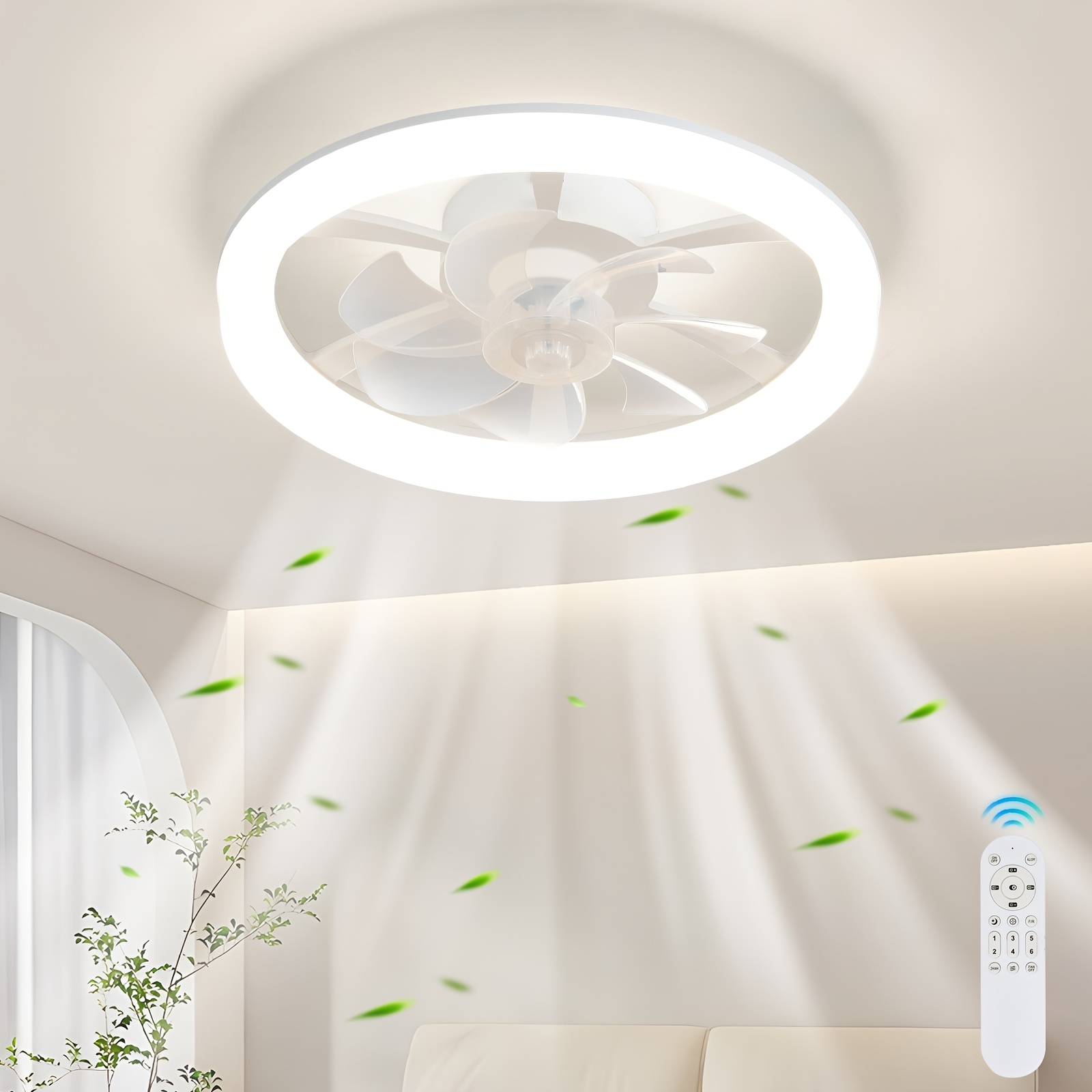 1pc ceiling fans with lights 44 5 51inch led fan light kit flush mount ceiling fan with remote white low profile ceiling fan with 6 wind smart dimmable for suitable for living room bedroom attic kitchen laundry room dining room details 1