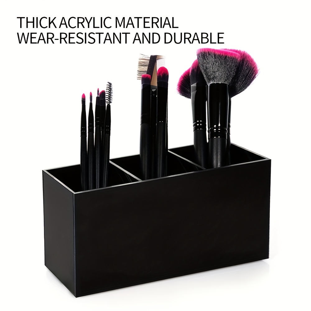 

Chic Black Acrylic 3-compartment Makeup Brush Holder - Sleek Desk Organizer For Eyebrow Pencils, Eye Shadow & Lipstick