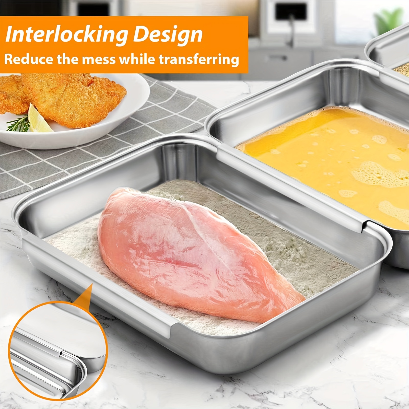 

Set Of 3 Breading Pans, Stainless Steel Breading Set For Marinating Meat, Chicken, Fish, Food Prep Trays, Coating Trays Used To Baking Cake, Oven Safe