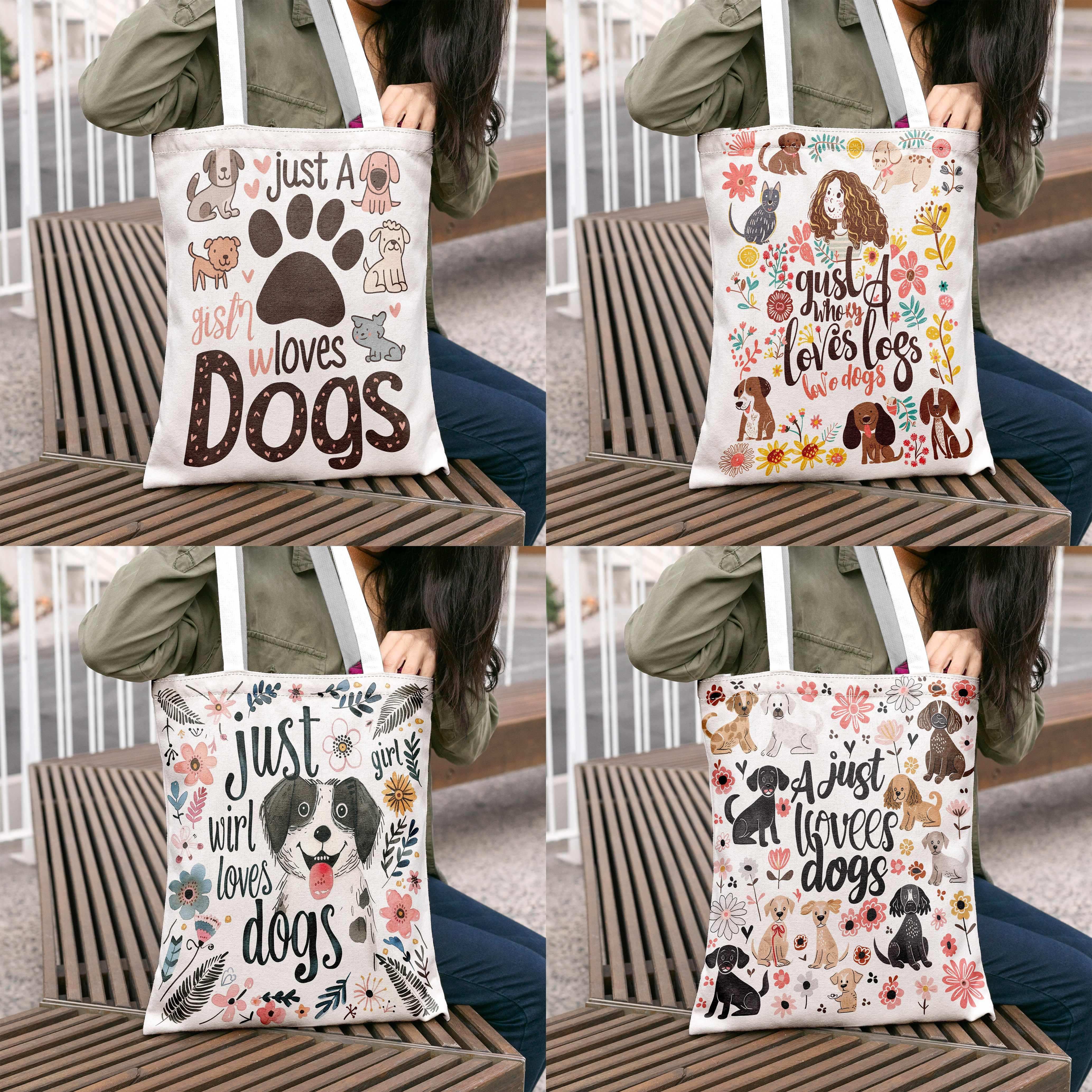 

Love Dog Theme Pattern Canvas Tote Bag, Large Capacity Shopping Bag, Portable Casual Handbag, Perfect For Everday Use