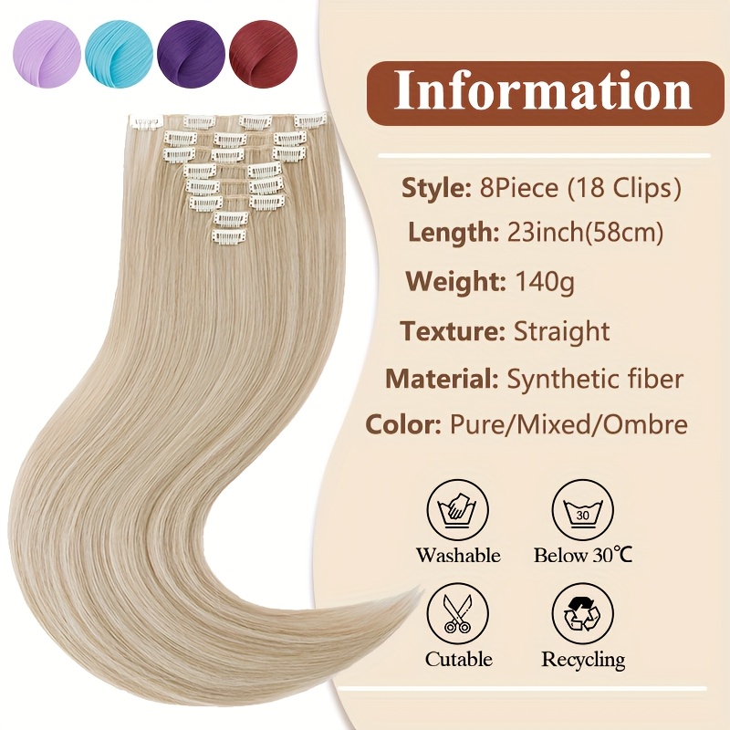 8pcs set clip in hair extensions straight 23inch 58cm long thick synthetic hair piece high temperature fiber double weft heat resistant fiber 8pcs   clip in hairpieces highlight   for women daily party festival gift details 3