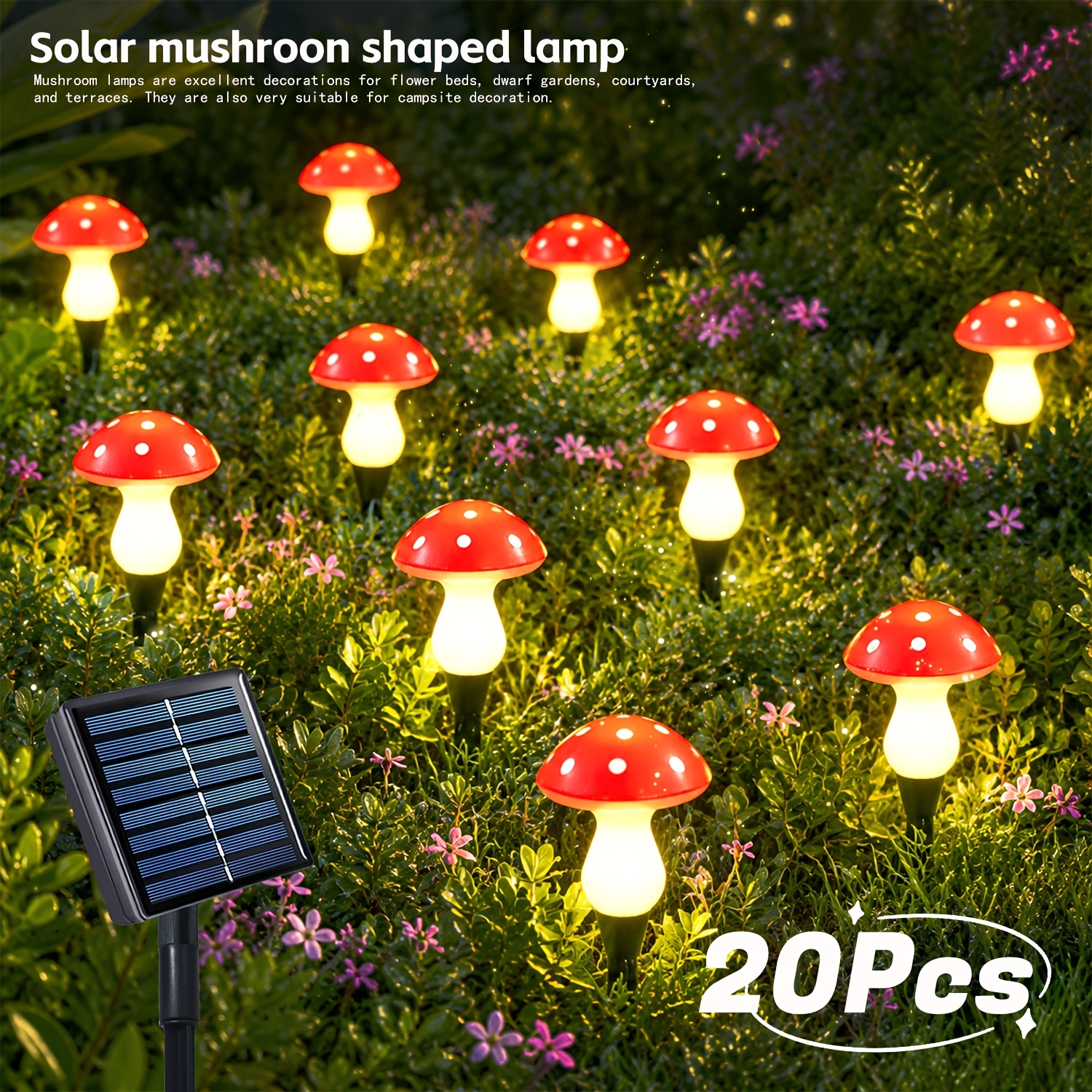 Image of 20 Pack Fairy Garden Decorative Lights Solar Powered Red Mushroom Lights 12 Flashing Auto Ipx4 Mini Spotted Mushroom For Christmas Outdoor Family Activities Party Landscape Lighting Wedding Garden