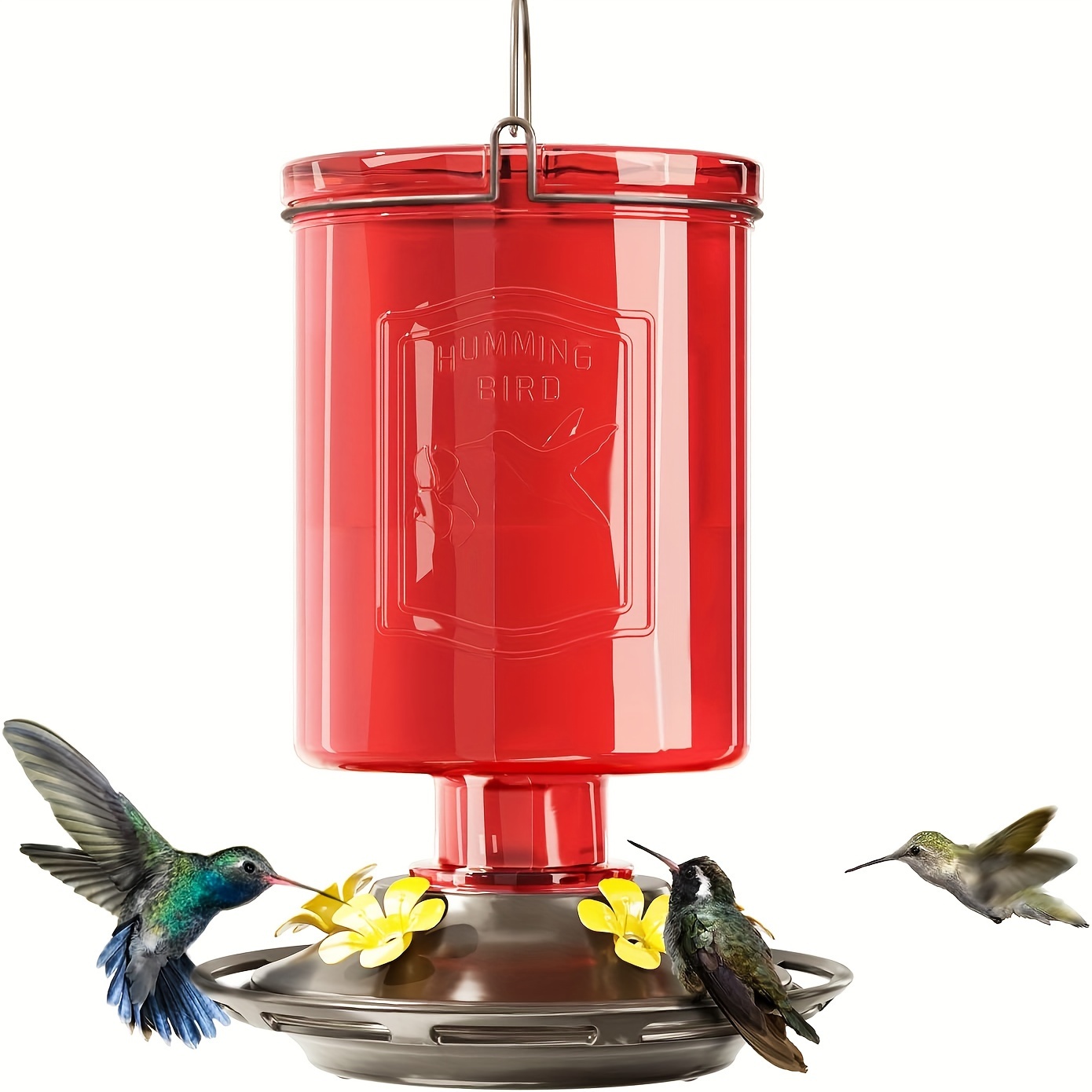 

Hummingbird Feeder, Glass Hummingbird Feeders For Outdoors Hanging, 5 Simulation Flowers Feeding Ports, 23 Ounces, Rust Proof, Leak Proof, Vintage Embossed Glass Bottle (red)