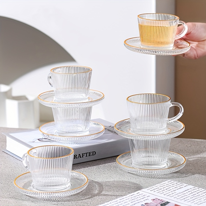 4 Pezzi Tazza Da Caffè In Vetro Con Manico Dorato, Tazza A Righe