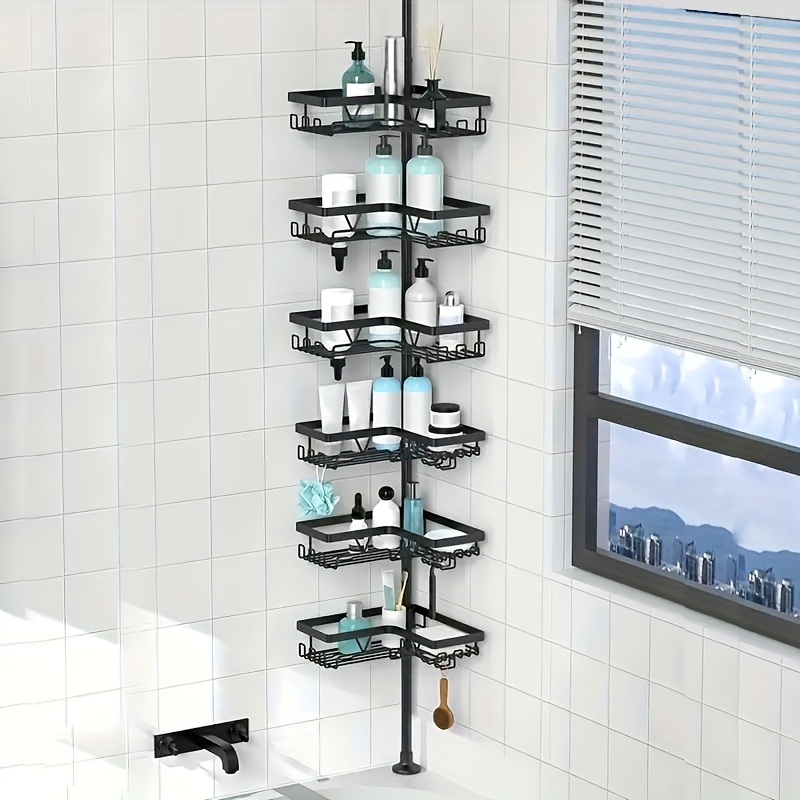 E-shop 6-stufiges Edelstahl-Badezimmerregal - Bohrfreie Duschablage, Höhenverstellbarer Turm mit 6 Ablagen, Platzsparender -Organizer für Dusche,