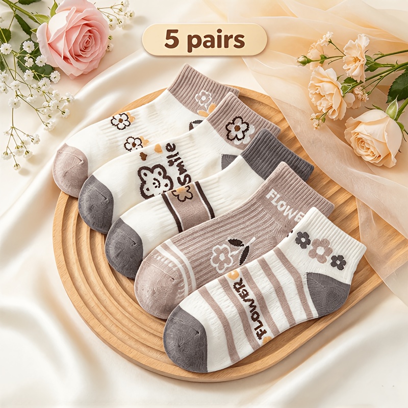 TEMU 5/10 Pairs Women's No-show Socks In Grey And Block With Printed Flower And Patterns; 5 Easy , Mesh For , Fresh And Versatile Style, Ideal For