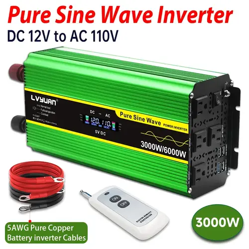 power inverter pure sine wave inverter 3000 watt 6000 watt peak 12 volt to 110 volt to ac with ac outlet lcd display wireless remote control automotive power inverter for motorhomes rvs and campers 24 volt auto accessories