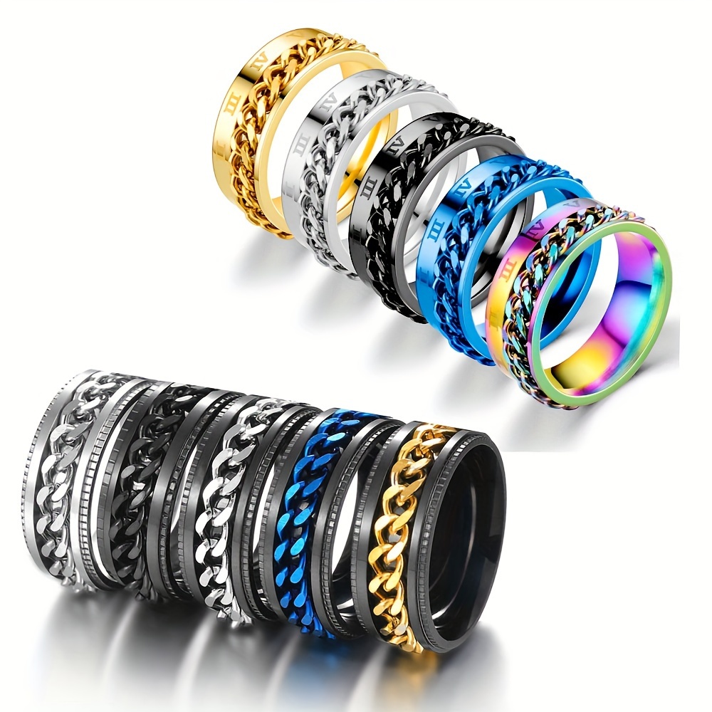 TEMU 10pcs Fashion Embossed Chain Roman Letter Side Chain Rotating Strip Decompressed 201 201 Stainless Steel Ring, Multiple Color Matching