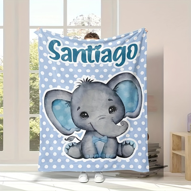 

1pc Digital Print Name Customized Blanket, Modern Cute Elephant Element Flannel Blanket - All Seasons Universal, Easy Care, Comfortable For Couch, Bed, Travel