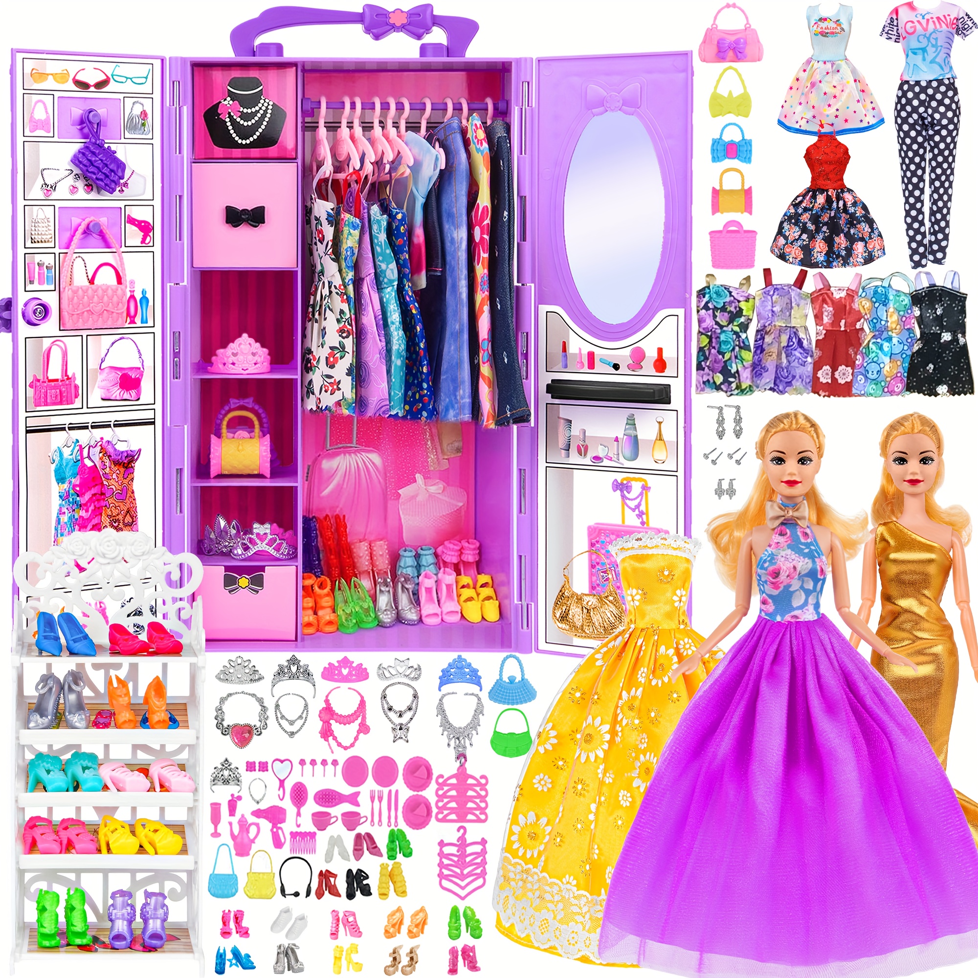 TEMU Doll And 101 Pcs Purple Doll Wardrobe Playest For 11.5 Inch Girl Doll (one Doll)