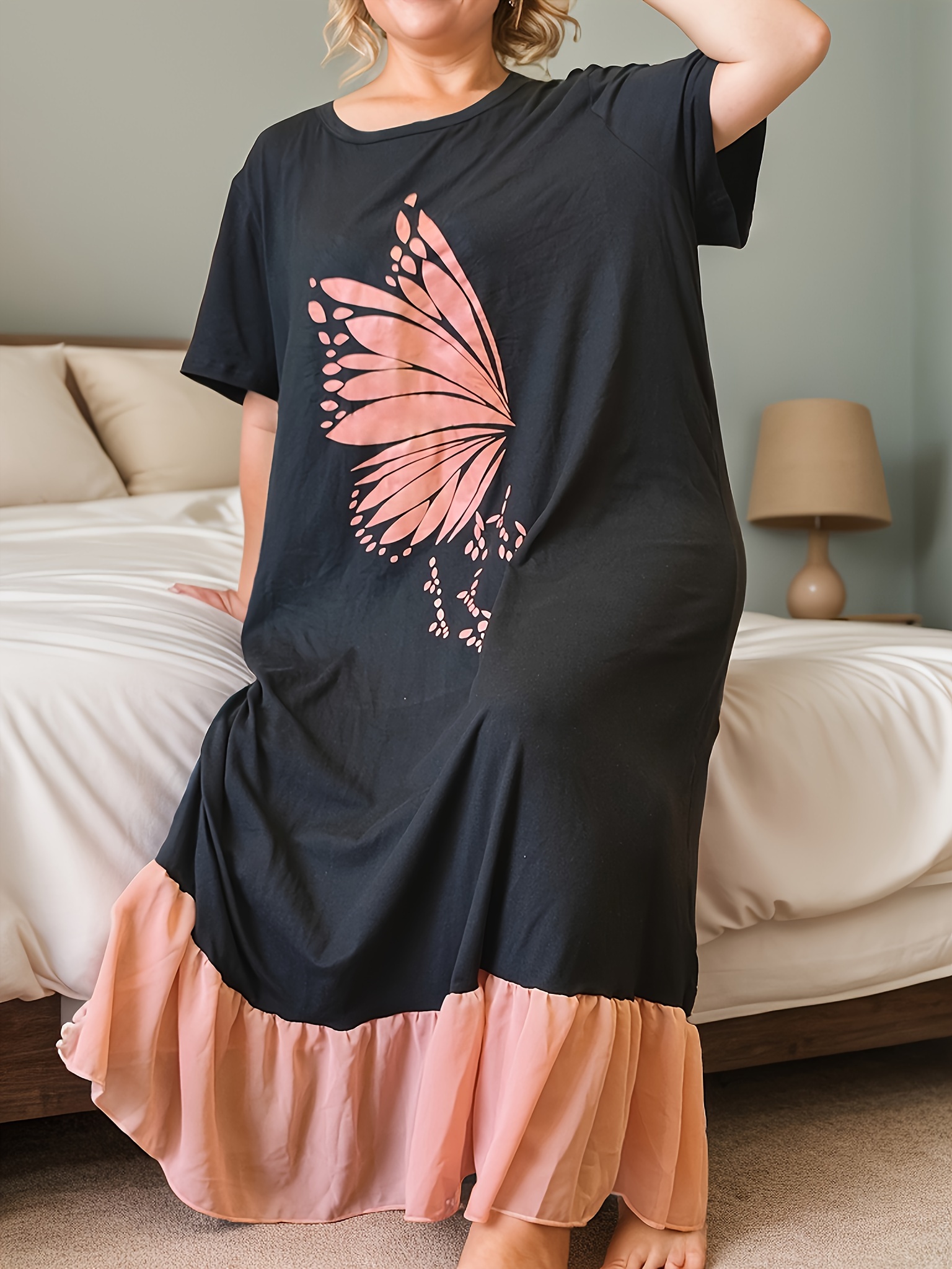 Cozy Plus Size Women's Sleep Dress - Vintage Butterfly Print, Short Sleeve & Long Skirt Lounge Robe, Machine Washable, Autumn Winter, Home Wear