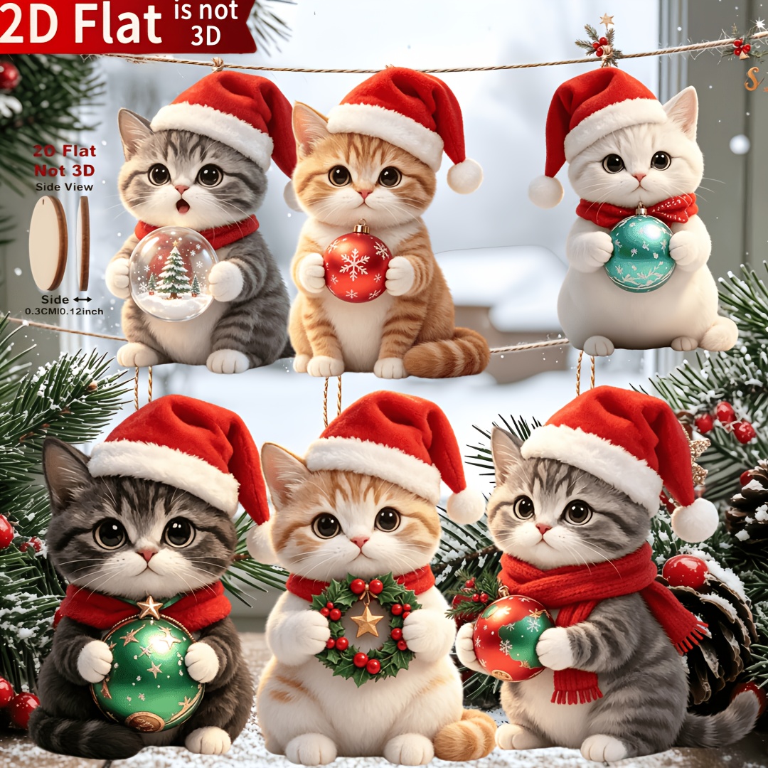 TEMU Decorazioni Natalizie in Legno 2D Piatte, 6 pz 2D Piatte, Ciondoli con Gattino Bellissimo - Decorazioni da Appendere per Albero di Natale,