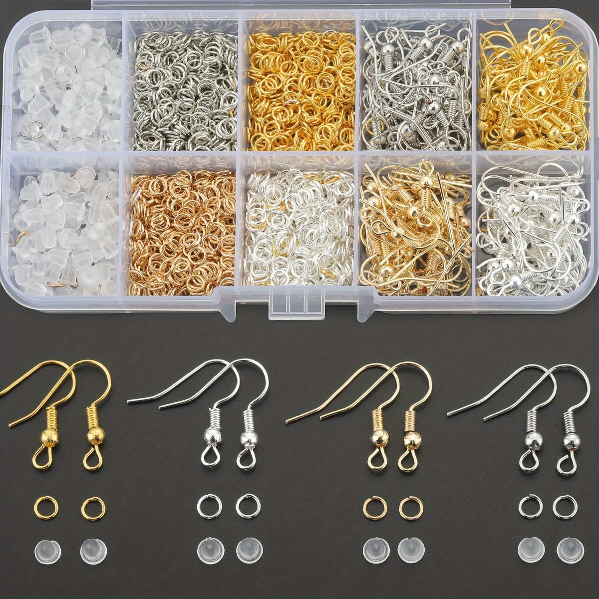 set de accesorios para joyería de orejas con empaque aleatorio de 1960 piezas/ , que   160 pendientes de gancho de pez, 200 tapas de oreja transparentes y 1600 anillos de  ,   para la fabricación de joyería   a  , adiciones de pendientes, pendientes hechos a  , gancho de oreja de moda
