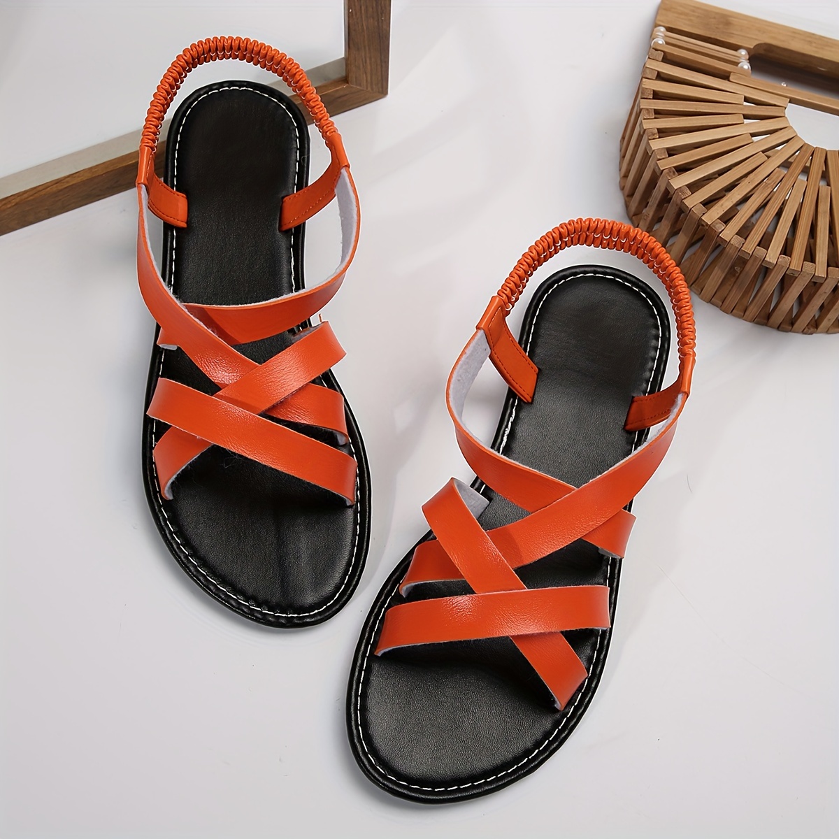 CTEEGC Womens Open Toe Sandals Summer Roman Style Woven Back Trip Strap  Slope Heel Sandals Beach Sandals