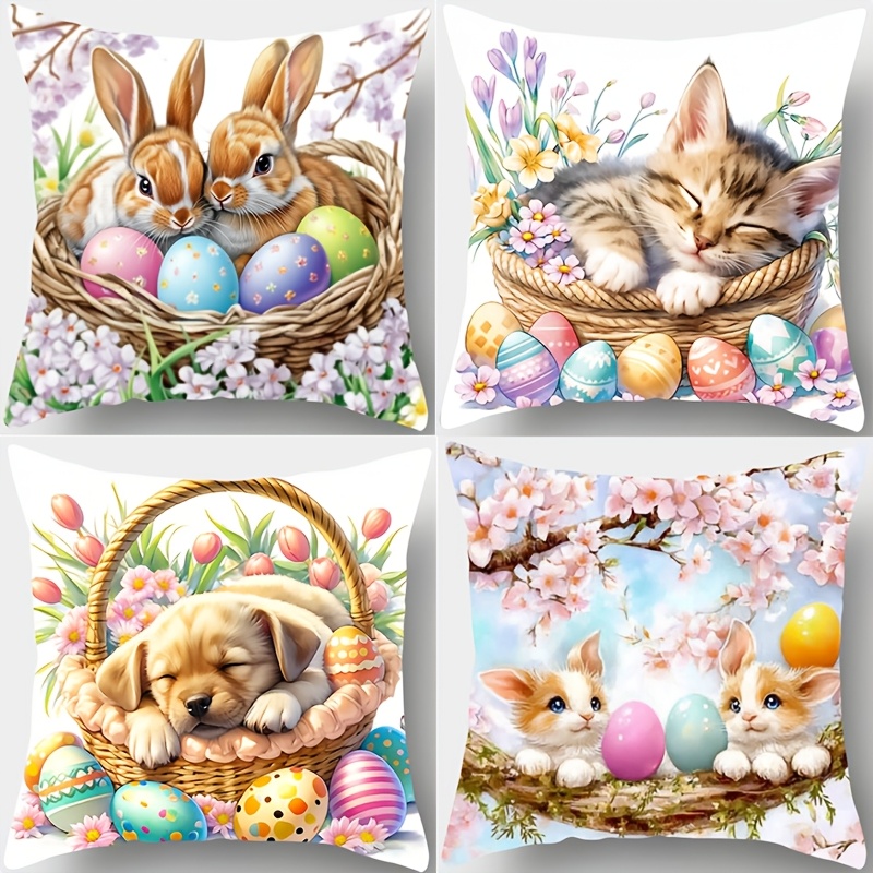 

4pcs Traditional-style Easter Themed Pillow Covers, 17.72"x17.72" Polyester Decorative Zippered Cushion Cases With Cat, Dog & Bunny Prints For Living Room Sofa Decor, Pillows For Couch