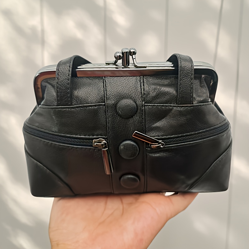 Image of Black Genuine Leather Retro Elegant Handheld Bag, Women' Purse Clutch Wallet Pouch Retro Coin Purse Card Holder Key Lipstick Storage Bag