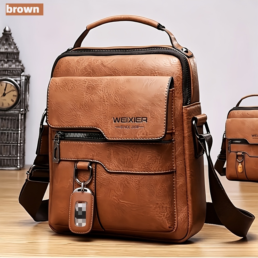 TEMU Men's Genuine Leather Backpack Vintage Large Capacity Crossbody Bag Adjustable Strap Multiple Pockets Padded Back Panel Durable Brown Genuine Leather For Business Gift For Him