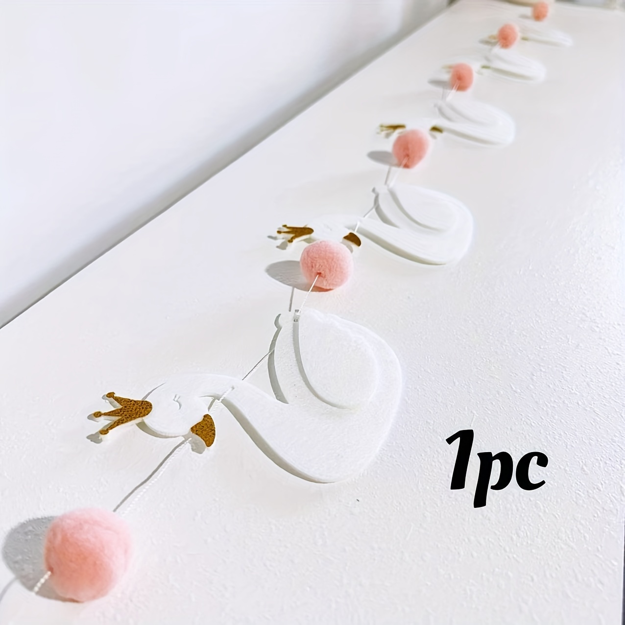 Image of Pre-assembled Swan Garland With Felt & Pompoms - Elegant Fabric Wedding, Birthday, Christmas Decoration Suitable For Mantle, Wall - No Diy Required, Swan Theme With Ball Garland & Pompoms