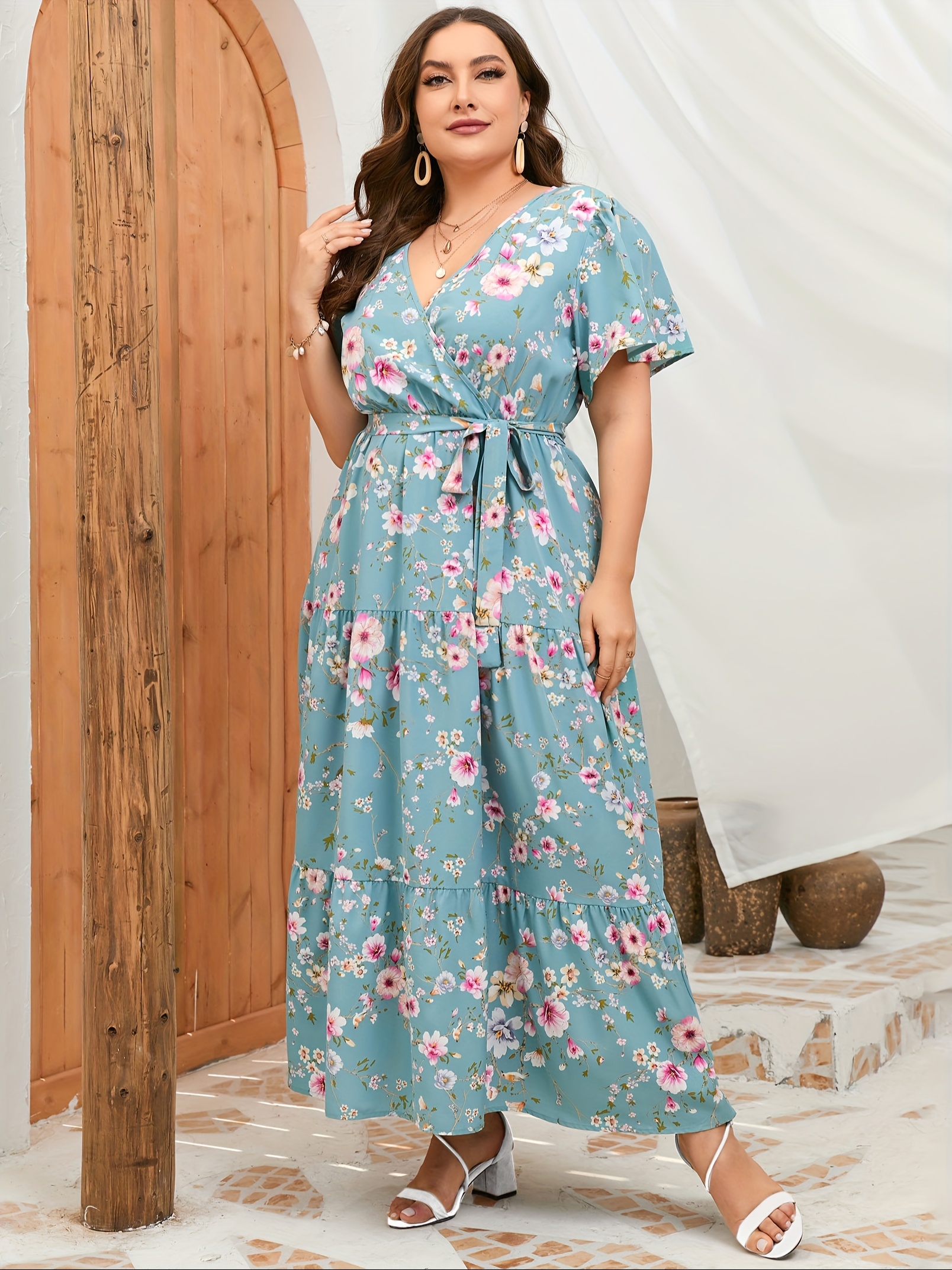 women plus size v neck wrap maxi dress high waist casual - Temu