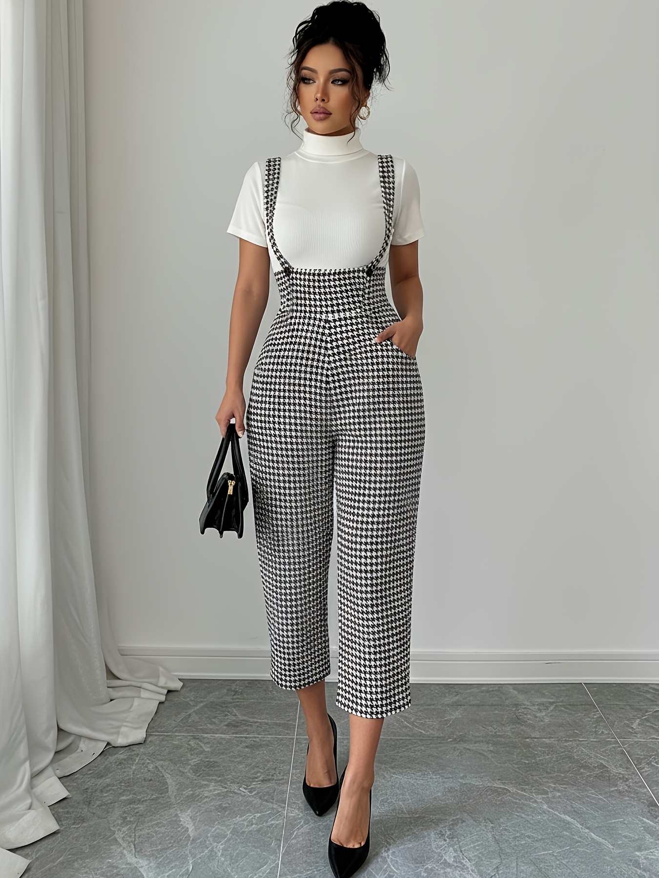 suspender high waisted pants sold on Temu United States