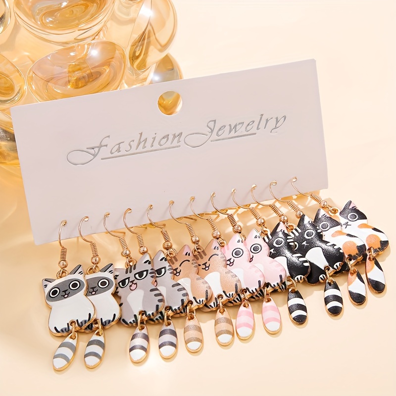 

12pcs Creative And Interesting Kitten Pendant Earrings For Women's