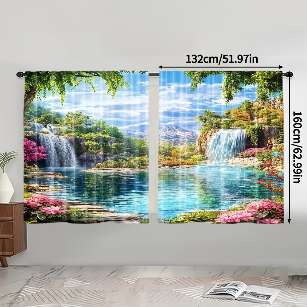 TEMU Set Of 2 Stylish Curtains Featuring River And Mountain Landscape, Machine Washable (does Not Rod, No Movement, No Battery). Ideal For Decorating