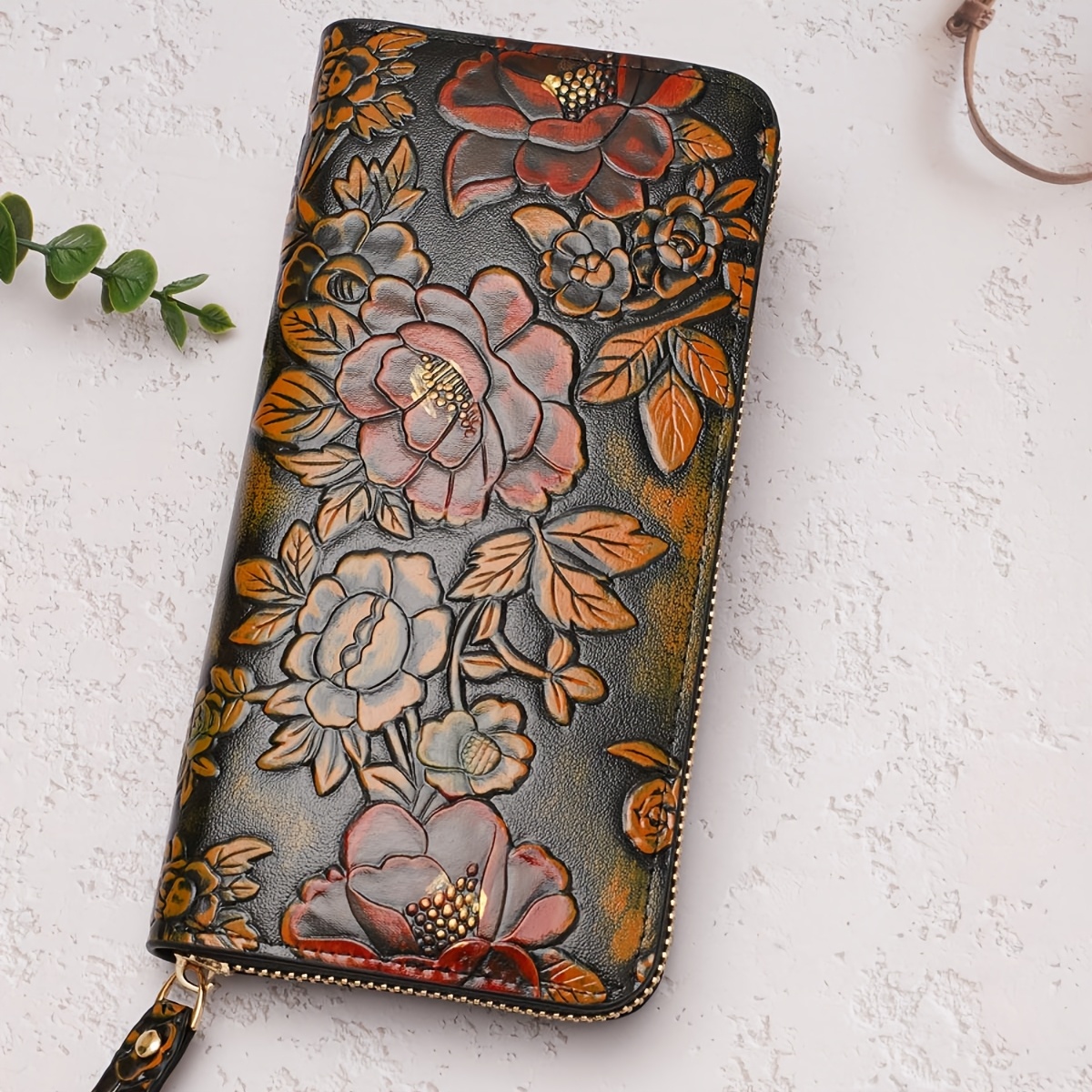 

Vintage Floral Embossed Women’ - Elegant Long Clutch With Zipper, Black, Intricate Red & Design, Card Holder & Secure Coin Purse, Women's Clutch Wallet | Vintage Floral Wallet | Wallet