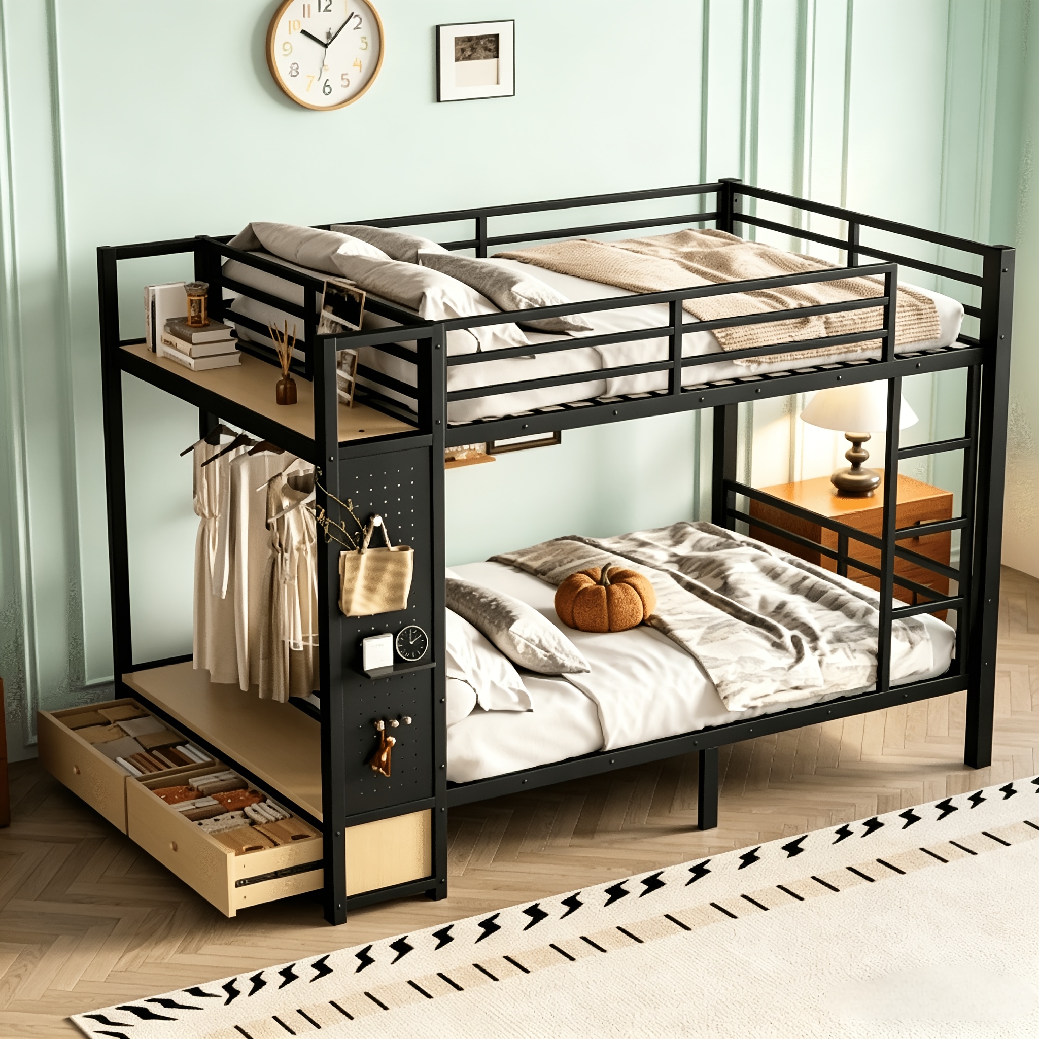 BELLEMAVE Full Over Full Size Metal Bunk Bed with Storage Shelves, Drawers And Pegboard, Heavy-Duty Loft Bed with Noise-Reduced Design, No Box Spring Required, Black