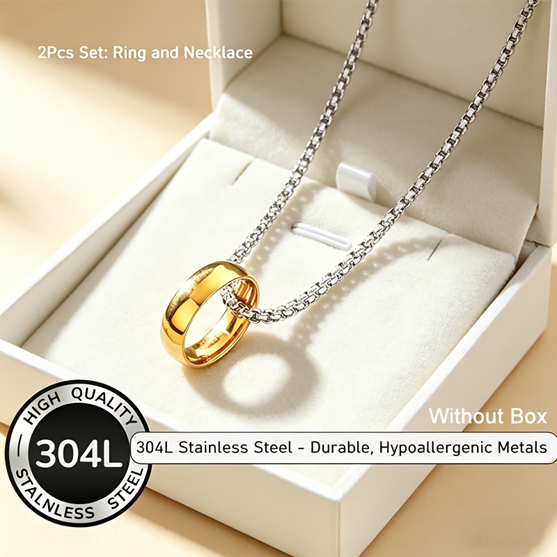 TEMU Set pezzi: Anello e collana, nuovo anello pendente in oro 18 con collana a catena argentata, realizzato in acciaio inossidabile 304L 304L 304L,