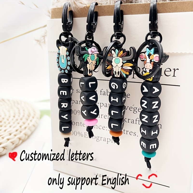 

1pc Custom Cow Silicone Bead Keychain With Personalized Name, Boho Charm Accessory, Custom Key Ring For Women