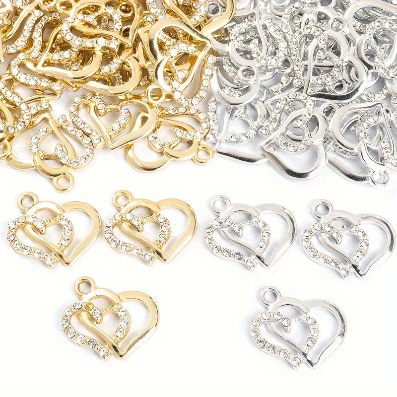 

10pcs Shiny Rhinestones Inlaid Heart To Heart Pendant Elegant Temperament Necklace Bracelet Earrings Hollow Double Love Heart