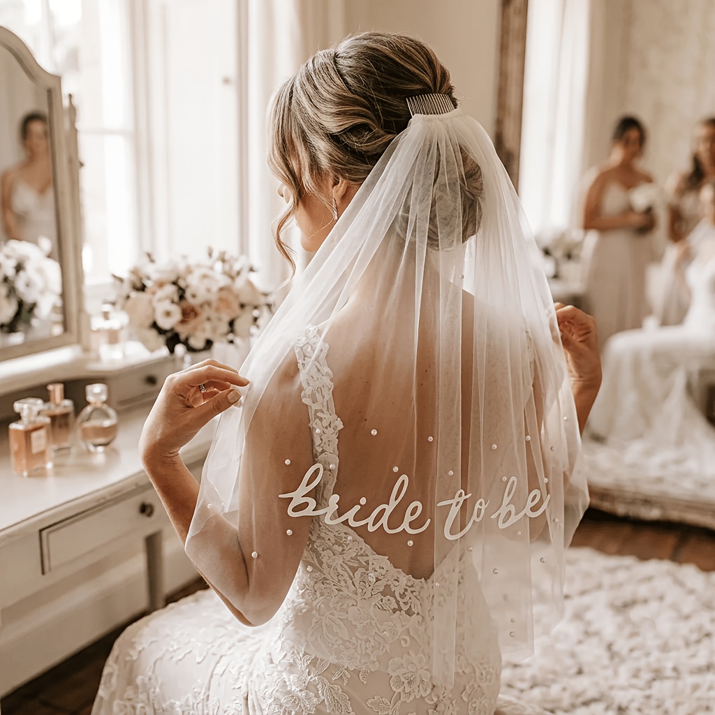 1pc Pearl-decorated "bride To Be" Veil - White Bridal Shower Veil With Lettering - Bachelorette Party Accessory, Bridal Party Headwear I Perfect For Halloween