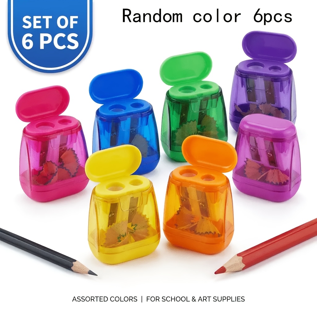 TEMU 6pcs Double-hole Pencil Sharpener Set With Storage Box, Random Color, Manual Sharpener, Suitable For School Classroom Art Supplies, Portable