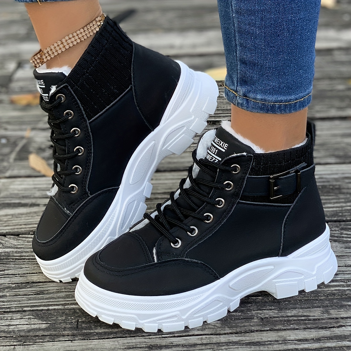 

Women's Solid Color Platform Short Boots, Fashion Lace Up Plush Lined Boots, Comfortable Winter Ankle Boots