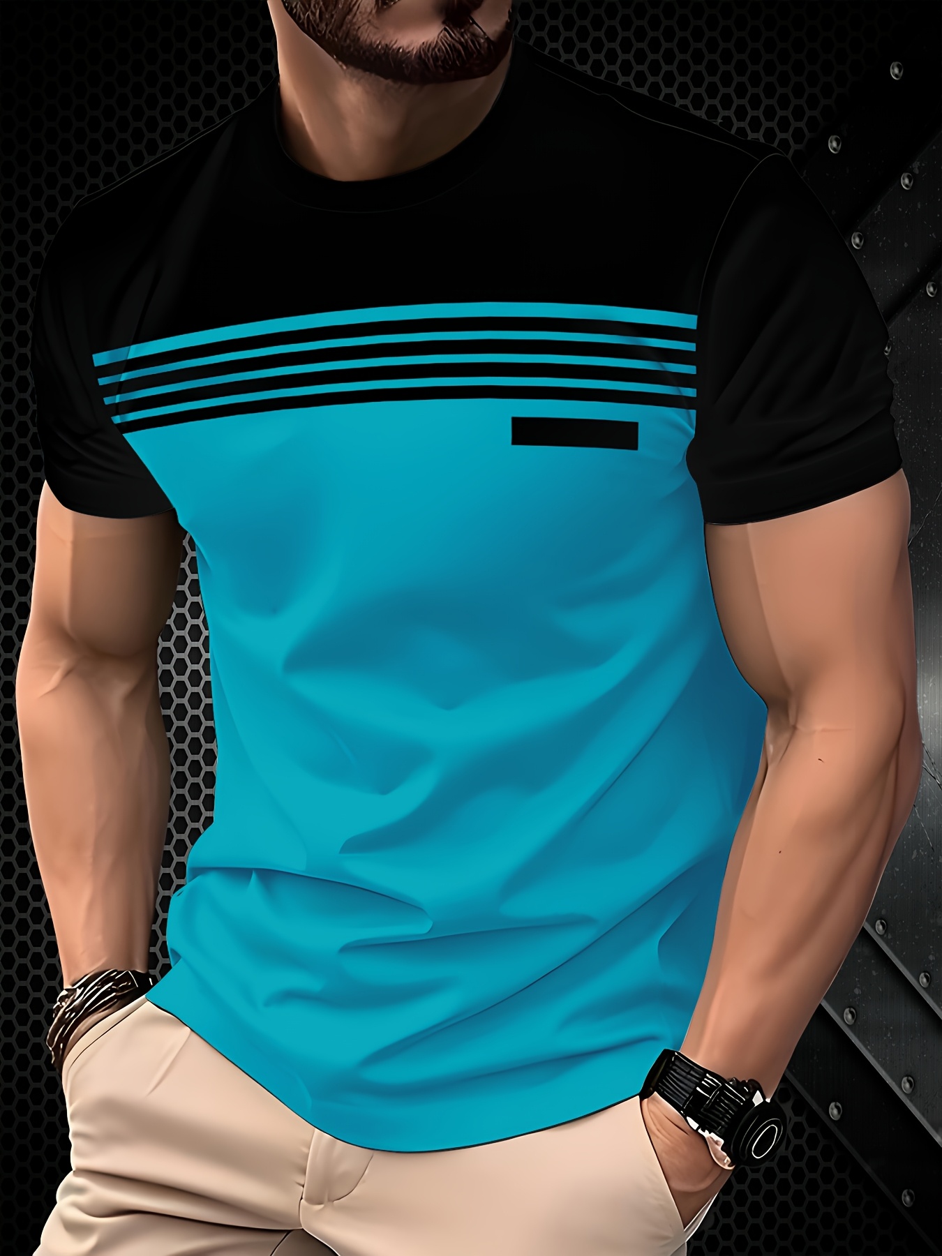Men'S Stylish Black & Blue Gradient T-Shirt - 100% Polyester, Round Neck Short Sleeve, Machine Washable, Comfort Fit for All Seasons, Casual Wear | Smooth Texture Fabric, Everyday Tshirt | Gradient Design | Smooth Texture Fabric, T Shirt