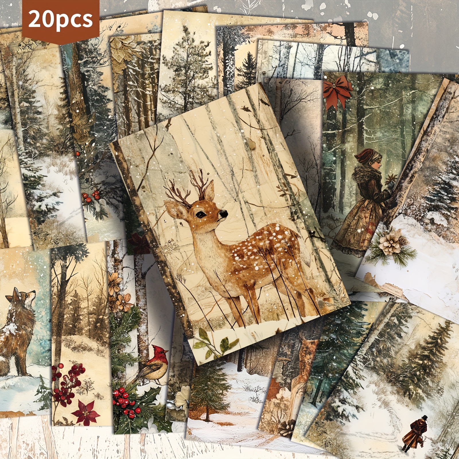 TEMU 20-pack Vintage Snow Scenery Fawn Christmas Decoration Postcards - 4x6 Inches Junk Journal Paper, Classic Pinup Illustrations, Collectible