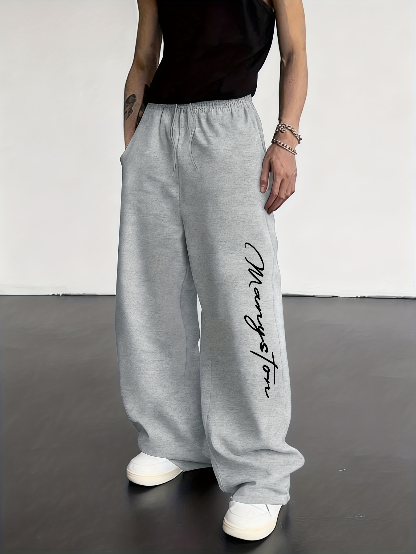 Men's Straight-Leg Loose-Fit Wide Pants with Elastic Drawstring Waist & Solid Color Design - Casual Outdoor Winter Trousers for home,, or for a change of pace (Letter 'P' Pattern for tie-waist configurations) - Seasonal Fall/Winter