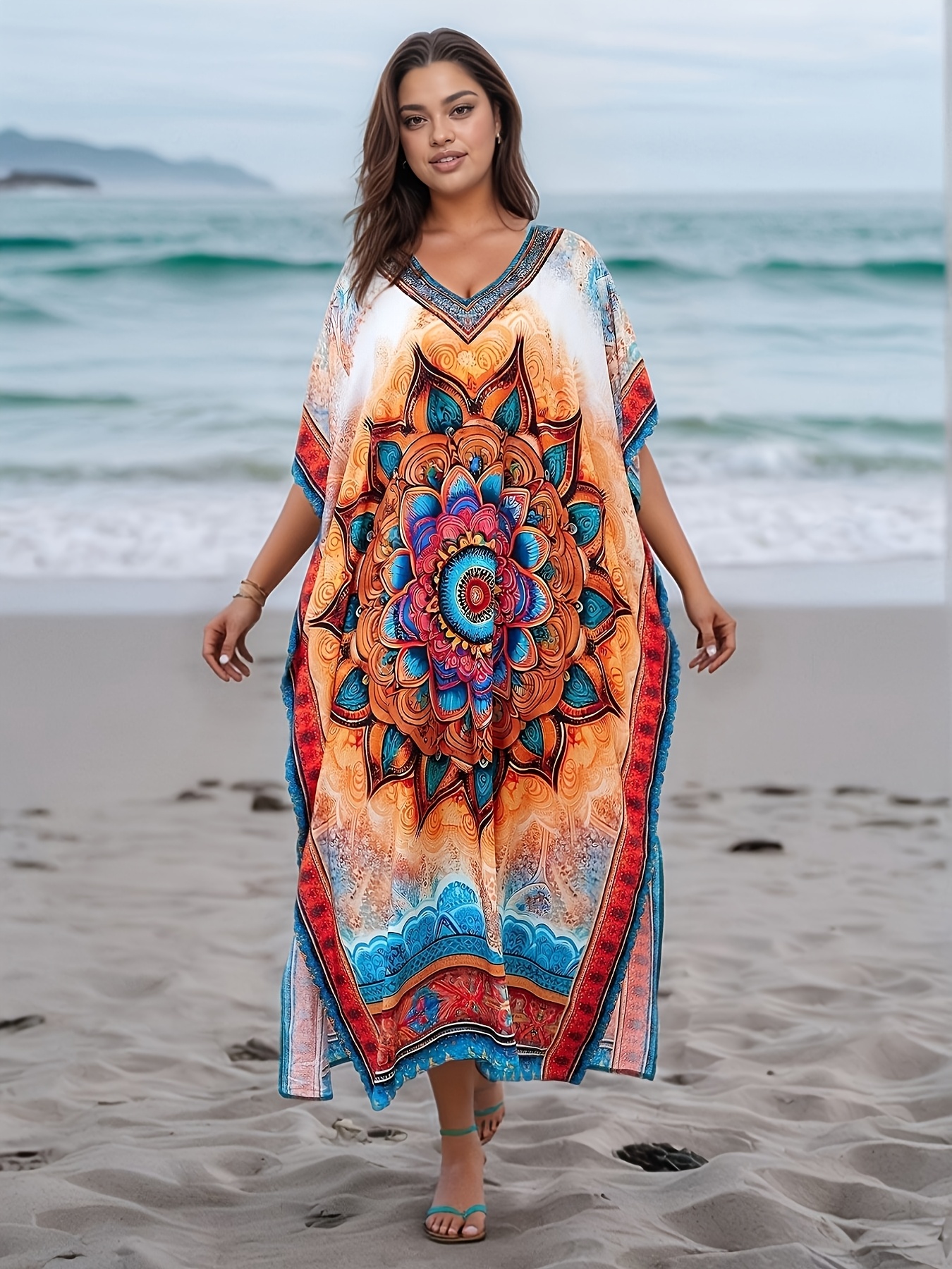 plus size bohemian beach cover dress tropical print batwing - Temu
