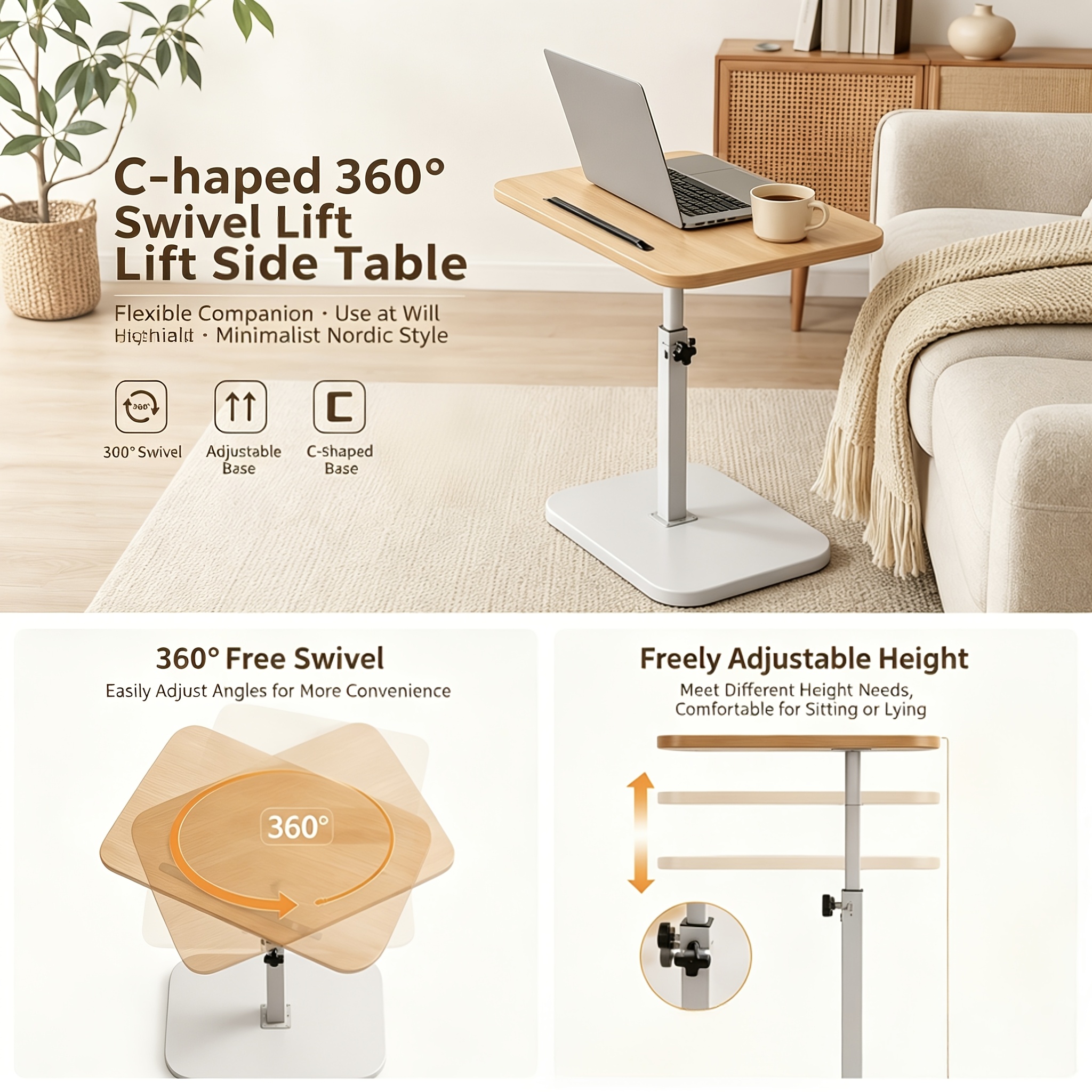 height adjustable 360 swivel c shaped side table portable   c shaped home office desk height adjustable table for reception areas rvs camping and travel   accessory sturdy and durable ideal holiday gift