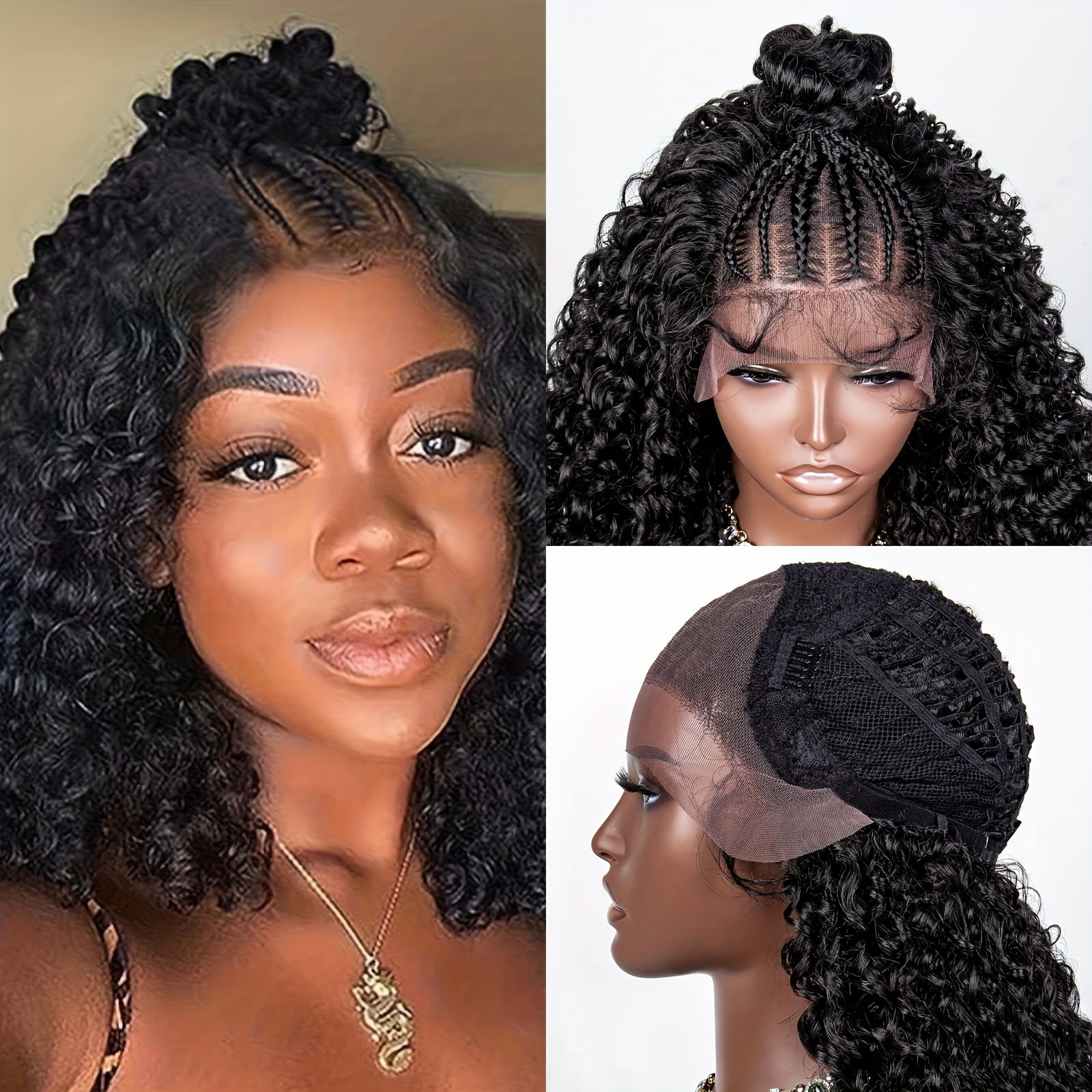 

13x4 Lace Half Braided Curly Wavy Wigs For Women Cornrow Braided Wigs Black Half Braids Half Weave Synthetic Lace Wig