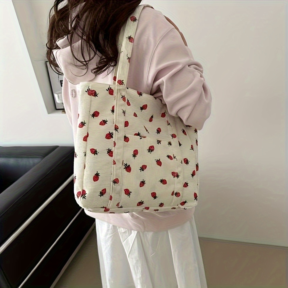 

Cute Strawberry Printed Corduroy Tote Bag, Sweet Style Large Capacity Shoulder Bag, Versatile Classy 33cm X 31cm Handbag For Daily Use