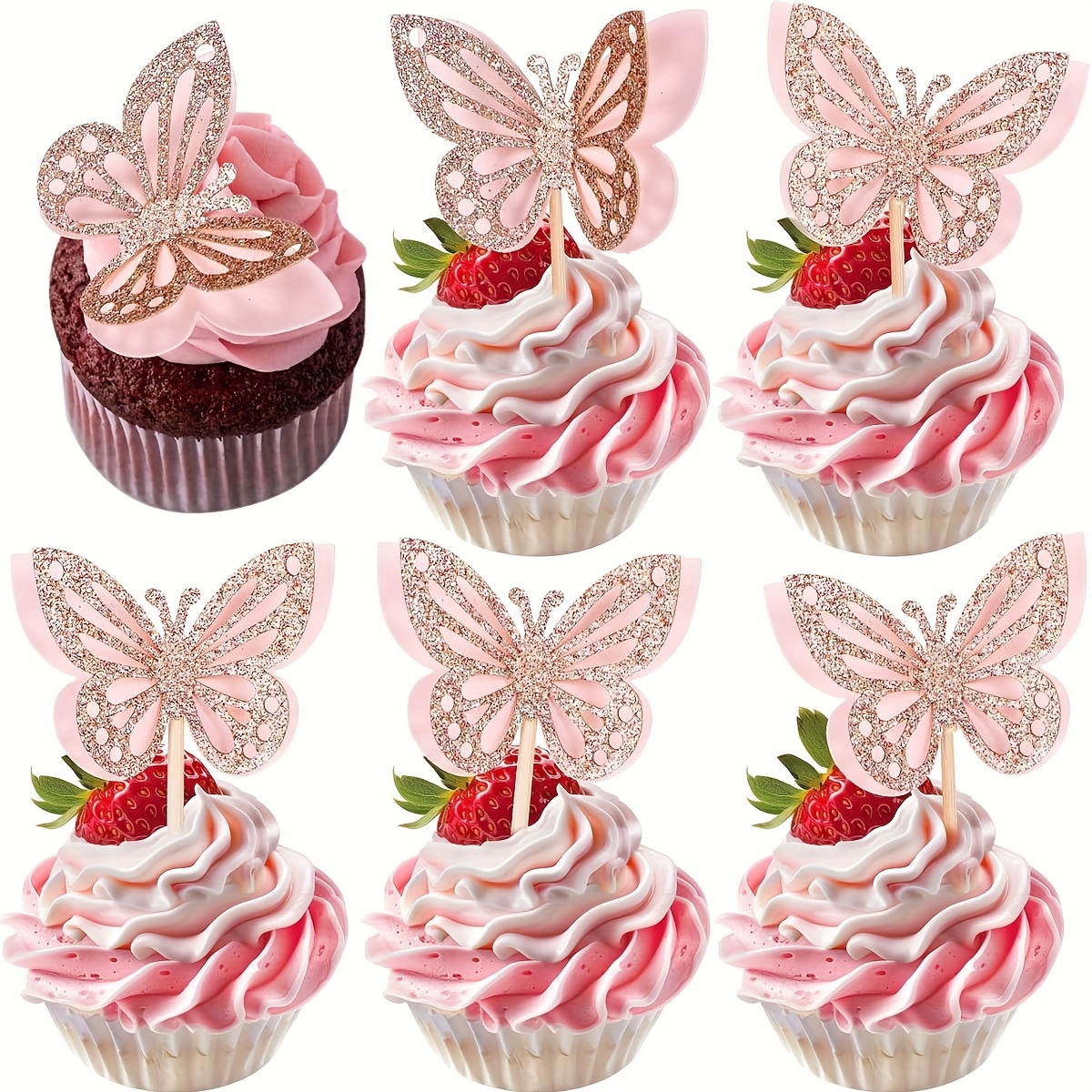 24pcs Light Red Cupcake Toppers Double Layer Cupcake Topper Glitter Cupcake Topper Pick Decoration For Baby Shower Birthday Wedding